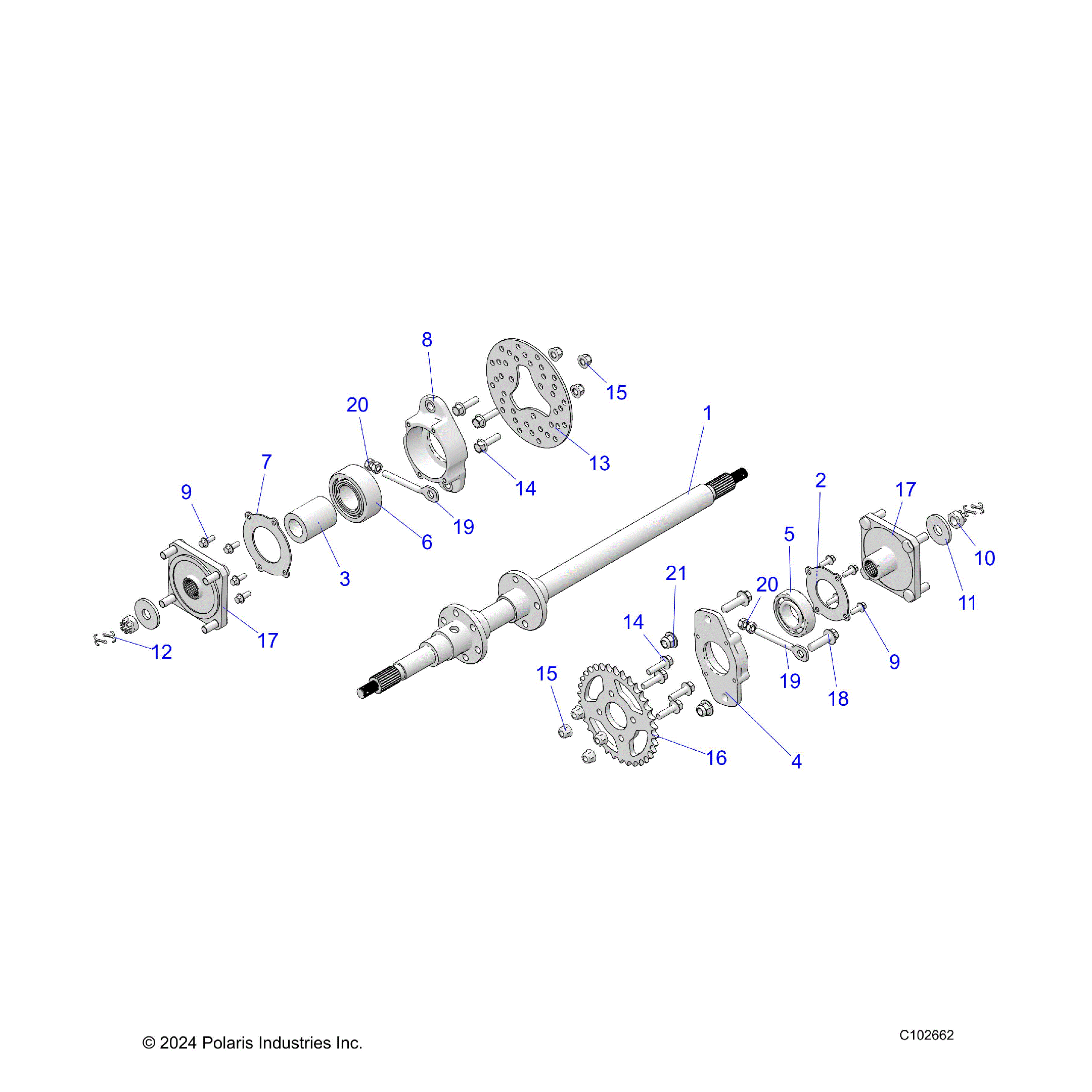 An Image of a Genuine Polaris Parts Schematic Diagram showing the schematic - SUSPENSION: REAR AXLE BEARING DISC AND HUB - 2024 POLARIS OUTLAW 70