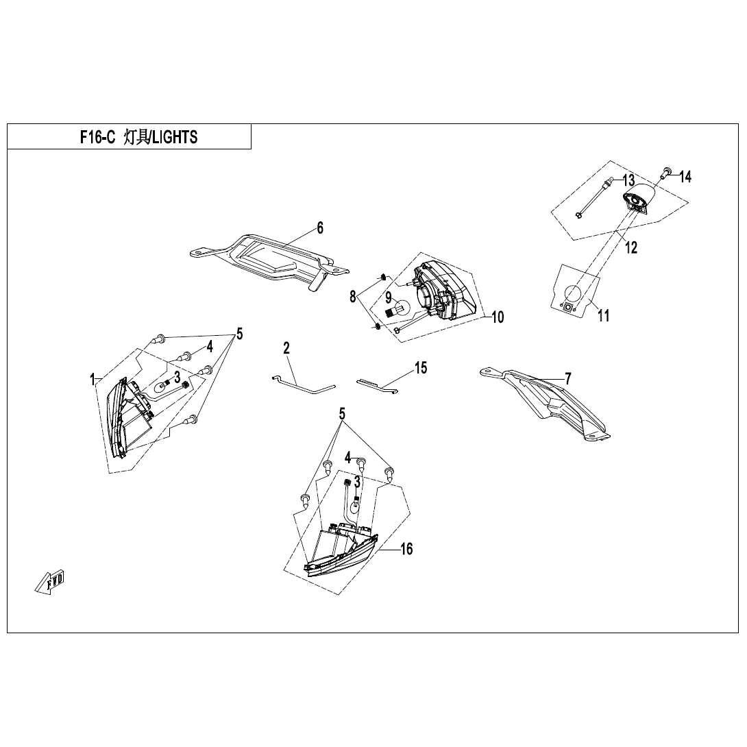 An Image of a genuine CFMOTO Parts Schematic Diagram showing the group - LIGHTS (USA - 2020 CFMOTO CFORCE 500 S
