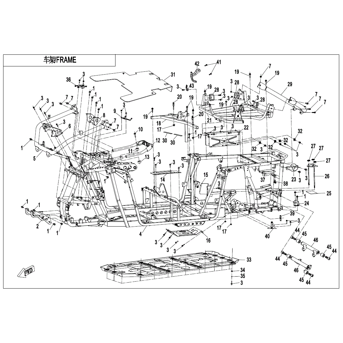 An Image of a Genuine CFMOTO Parts Schematic Diagram showing the schematic - FRAME - 2018 CFMOTO ZFORCE 1000