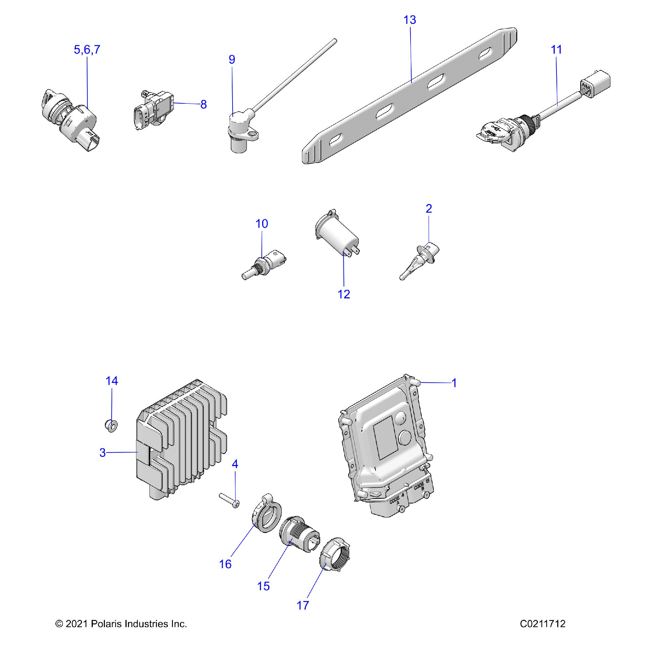 An Image of a Genuine Polaris Parts Schematic Diagram showing the schematic - ELECTRICAL: SWITCHES SENSORS ECU and CONTROL MODULES - 2022 POLARIS SPORTSMAN XP 1000 48" RIDE COMMAND