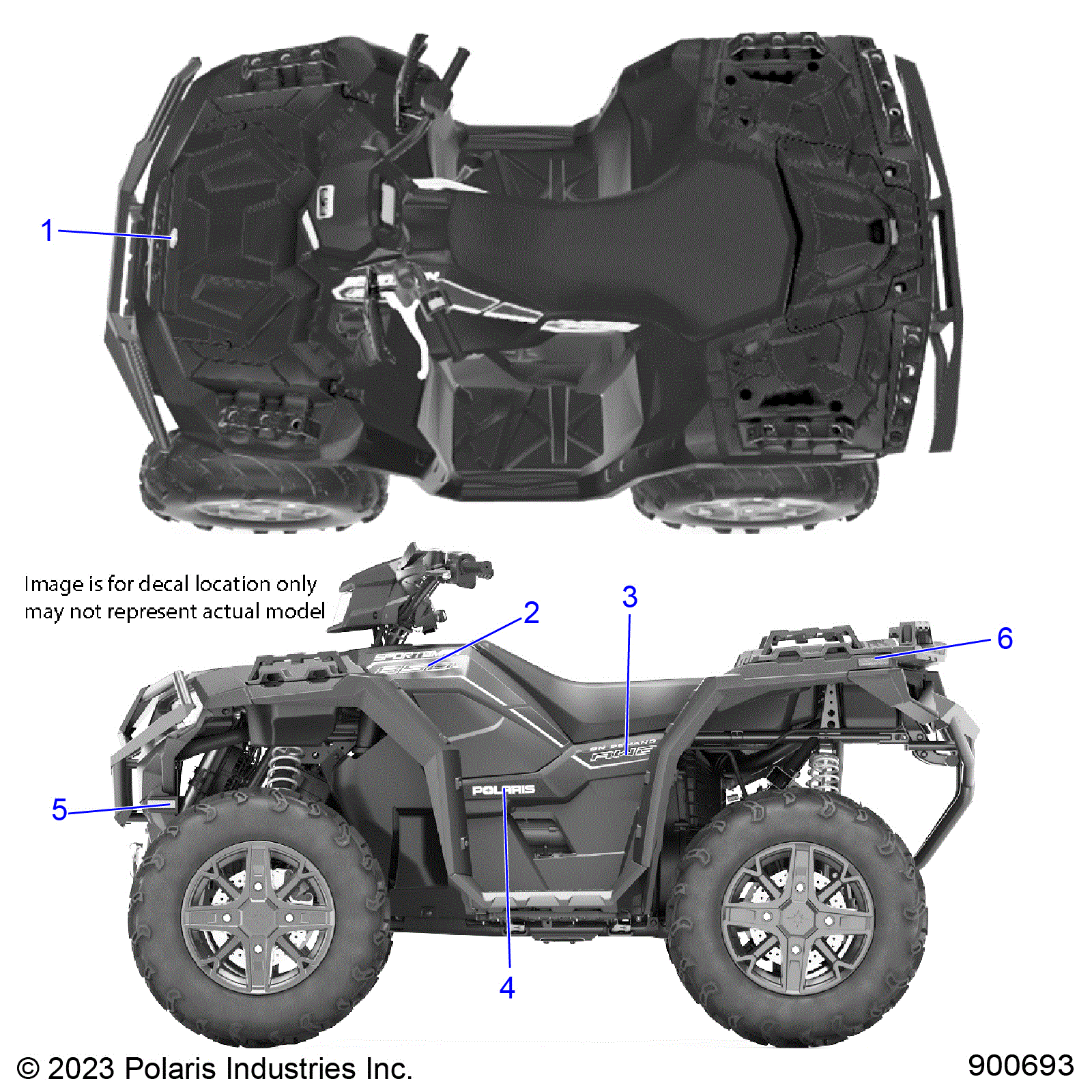 An Image of a Genuine Polaris Parts Schematic Diagram showing the schematic - BODY: DECALS GRAPHIC - 2024 POLARIS SPORTSMAN 850 48"