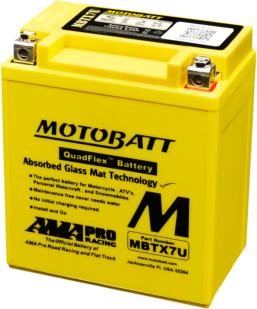 The Mbtx7U Sealed Factory Activated AGM Battery by MotoBatt, designed for motorcycles, ATVs, and snowmobiles, is yellow with black text and logos, features Pro Racing endorsement, and delivers superior starting power.