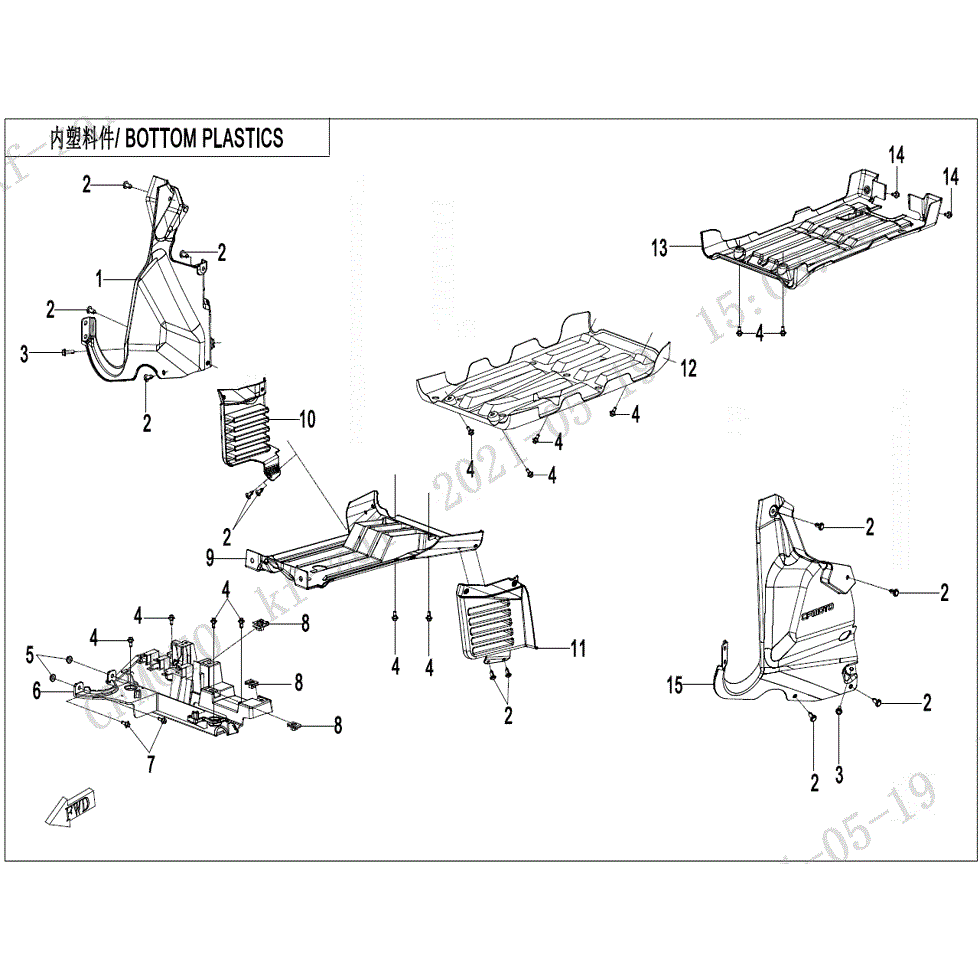 An Image of a genuine CFMOTO Parts Schematic Diagram showing the group - BOTTOM PLASTICS - 2022 CFMOTO CFORCE 600 Touring