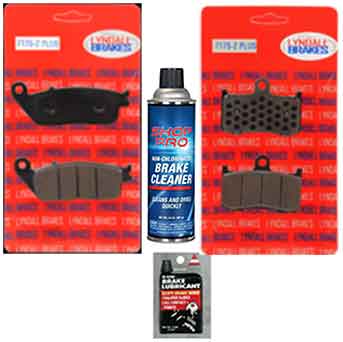 Two packs of Lyndall Z+ Victory & Indian Motorcycle Brake Pad Kits by Witchdoctors, a can of brake cleaner, and a packet of synthetic lubricant are shown on a red background featuring repeated Evolved Brakes logos.