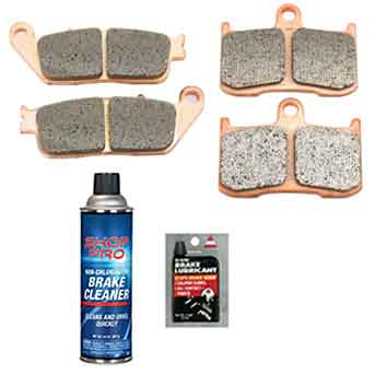 Image shows the EBC Sintered Brake Pad Kit for Victory Motorcycles 2008-2017 by Witchdoctors, plus Shop Pro Non-Chlorinated Brake Cleaner and brake lubricant, all arranged on a white background.