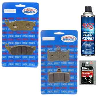 Displayed against a white background are two kits of Lyndall Gold+ Victory & Indian Motorcycle Brake Pad Kit by Witchdoctors, plus a can of Show Pro brake cleaner and a small tube of brake lubricant—ideal for Indian motorcycle brake maintenance.