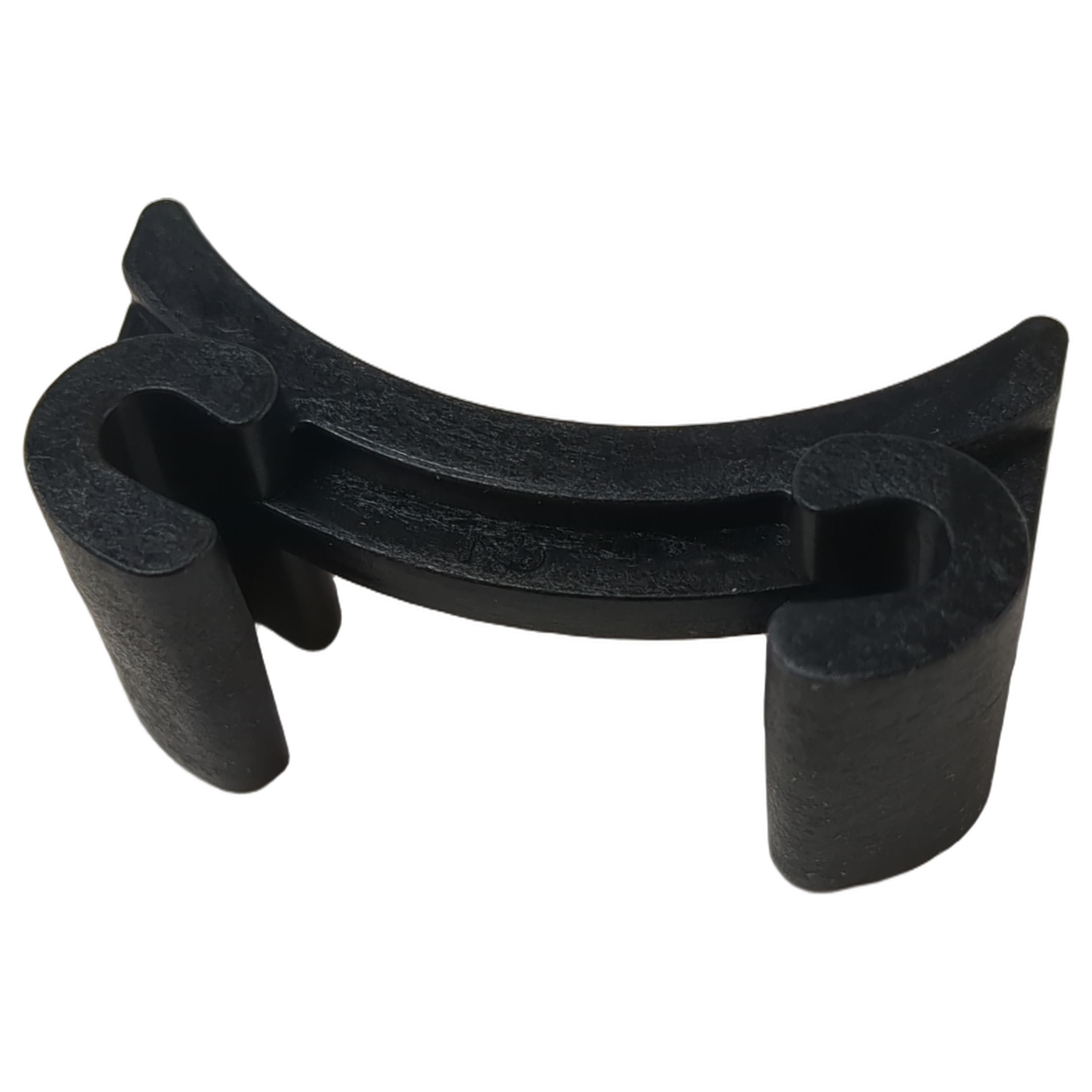 Black curved plastic timing chain guide with hollow cylindrical ends and a reinforced middle section.