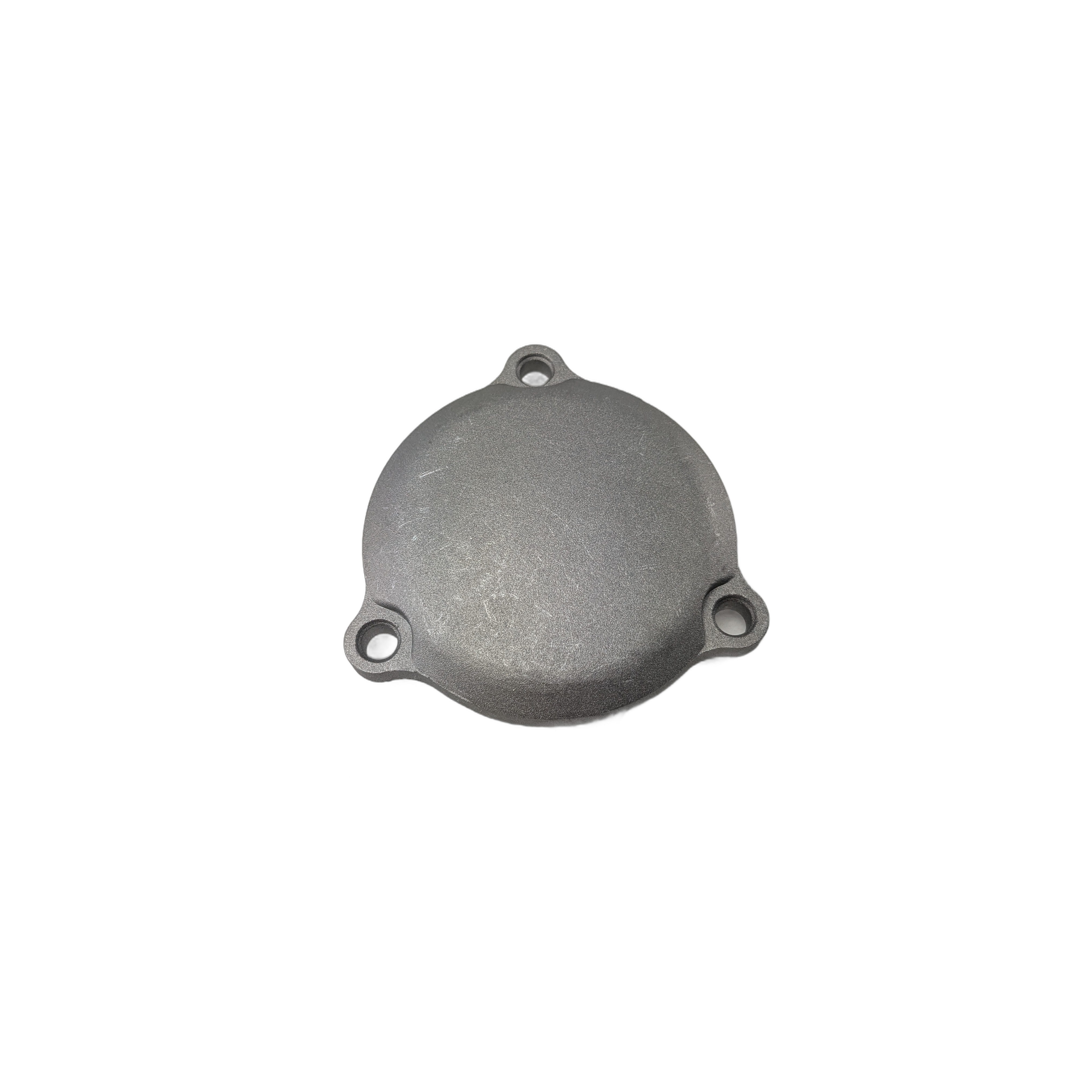 Round gray metal crankcase filter cap with three mounting holes designed for CFMOTO vehicles.