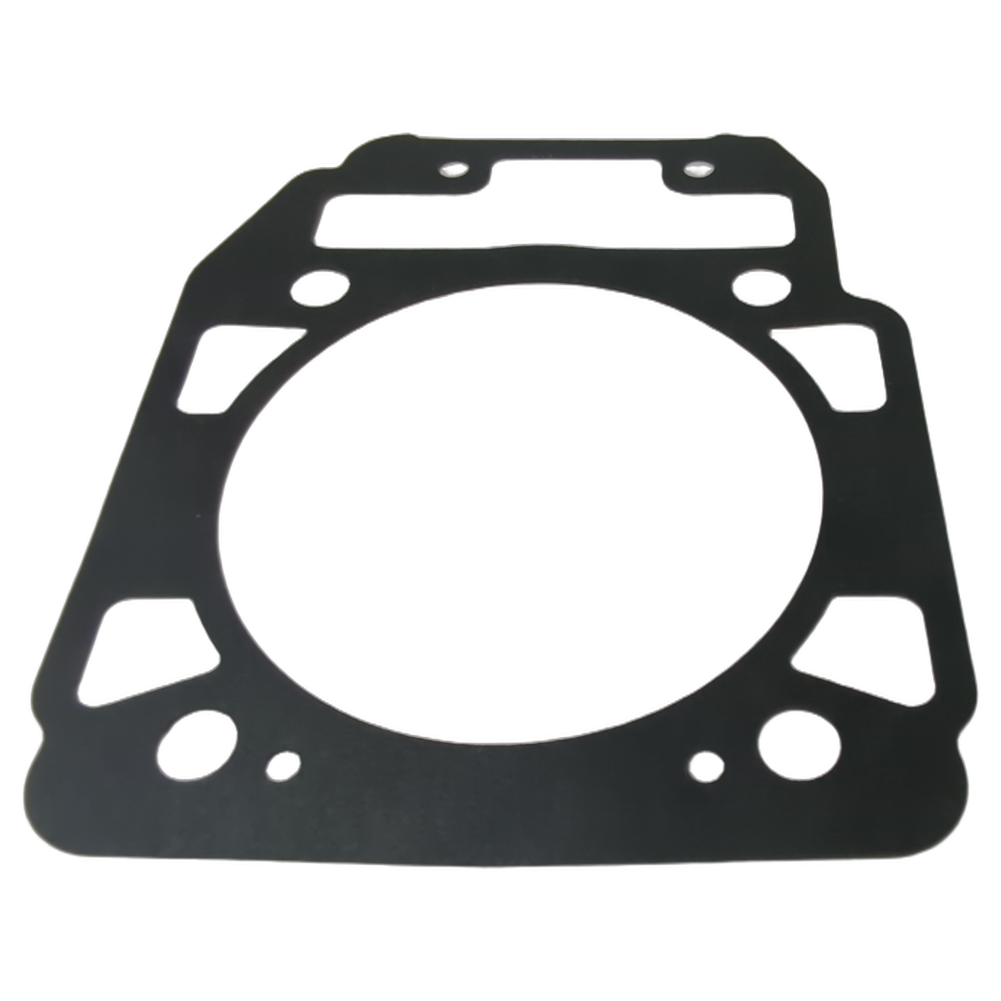 Black engine cylinder gasket with multiple precise cutouts and a large central hole, flat and thin design.