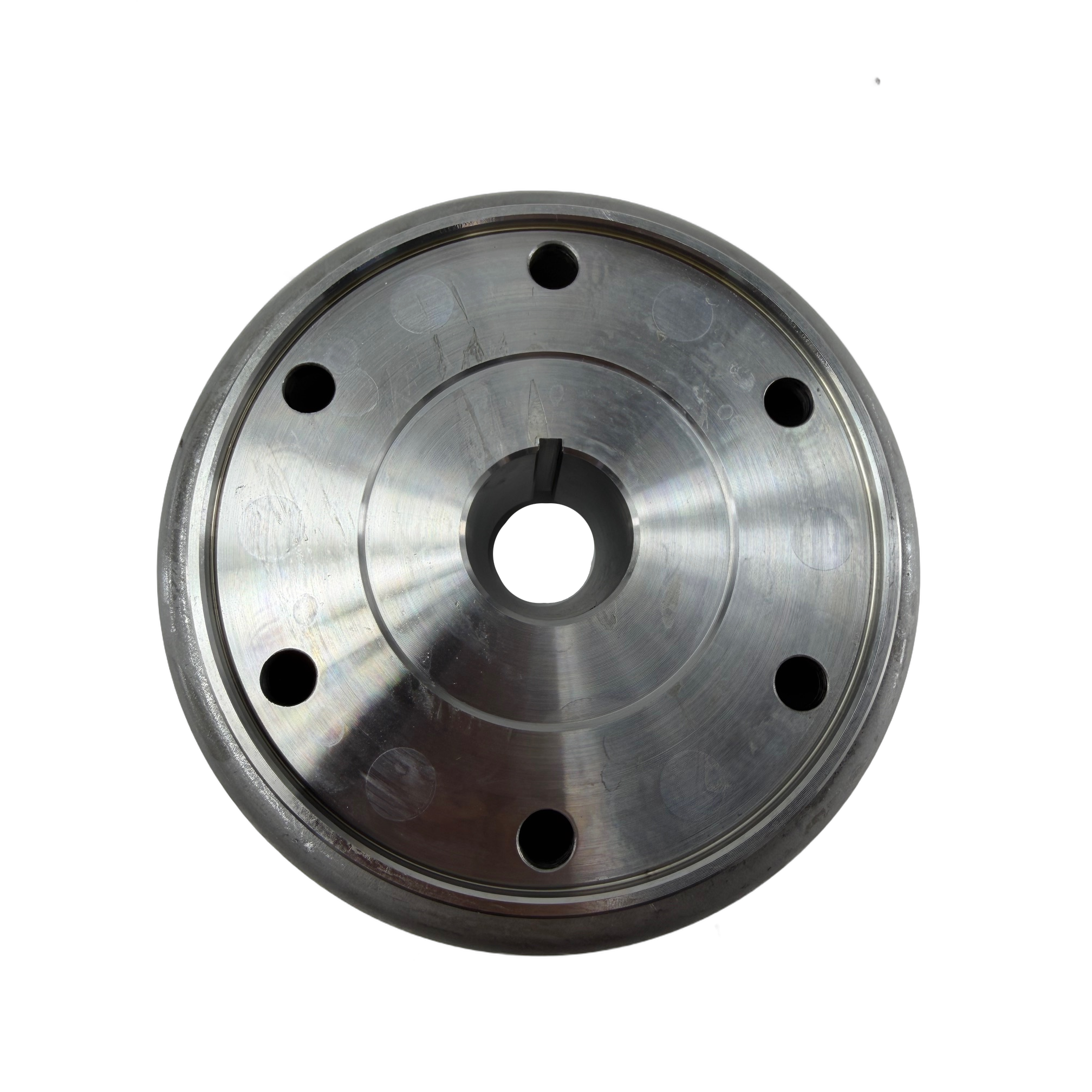 Round silver metal rotor magneto with central hole and six evenly spaced smaller holes around the perimeter.