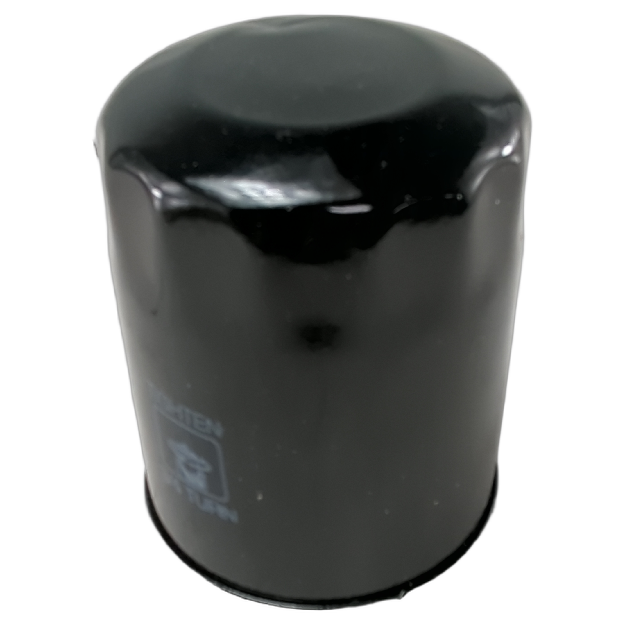 Black cylindrical oil filter with a smooth glossy finish and automotive markings on the side.