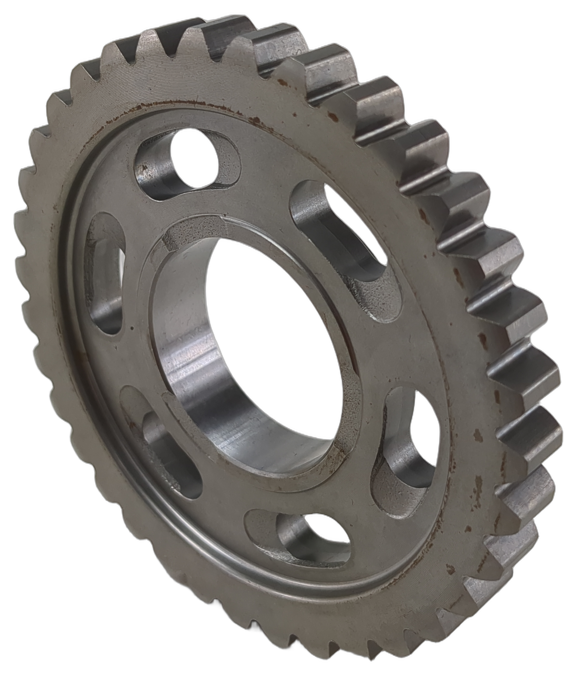 Metal sprocket gear with 35 teeth, circular cutouts, and a central bore, finished in silver-gray steel.