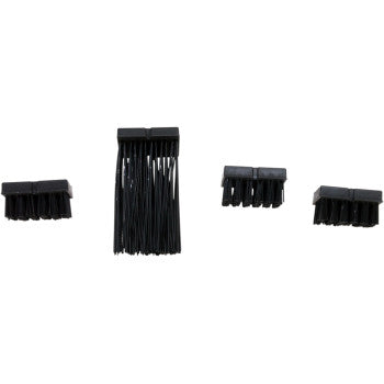 The Bristles Replacement Chain Brush 4 Piece Set by Moose Offroad features four black plastic brushes with varying bristle lengths, arranged on a white background; the center brush has longer replacement bristles than the other three.