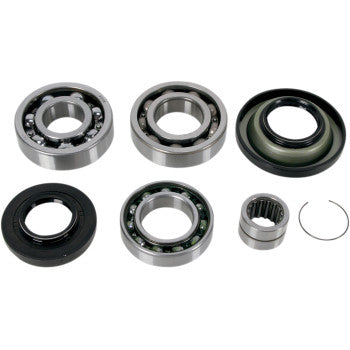 The Honda Differential Bearing Seal Kit Rear by Moose Offroad includes EMQ bearings, needle bearing, oil seal, rubber seals, and a retaining ring—perfect for differential service kits. All parts are arranged on a white background.