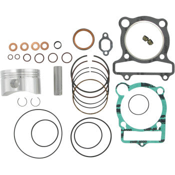 The Yamaha Piston Kit with Gaskets 83.00 mm by Wiseco, featuring piston, gaskets, rings, O-rings, seals, and washers, is neatly arranged on a white background.