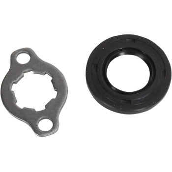 The Yamaha Output Countershaft Seal by Hot Rods, featuring a black circular rubber oil seal and a metal locking washer with two holes and a star-shaped center, shown on a white background.
