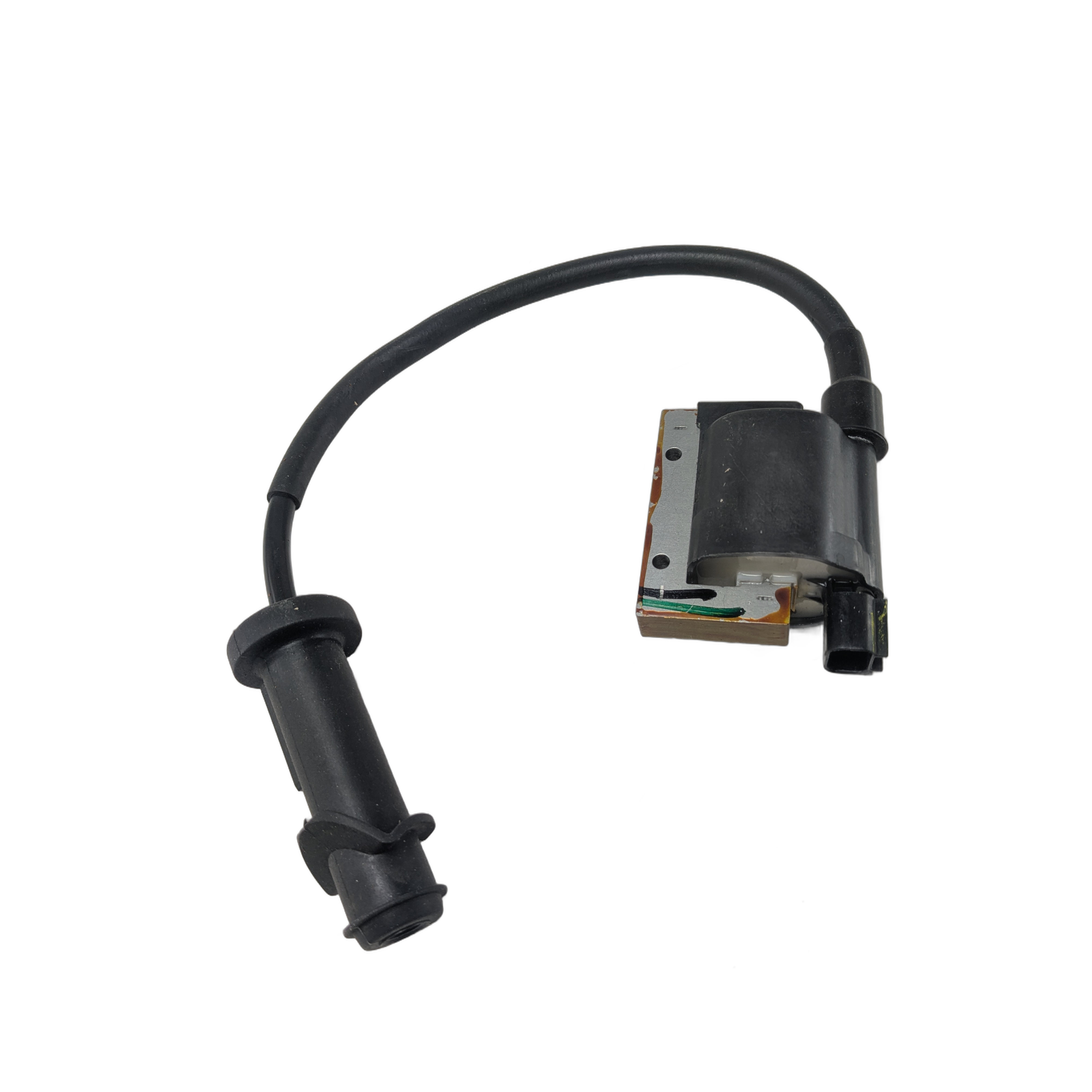 A black Ignition Coil & Cap Assembly (012 H1/H2) by Arctic Cat, featuring an attached cable, connector, cylindrical rubber boot, and metal mounting bracket, designed for Arctic Cat UTVs and shown on a white background.