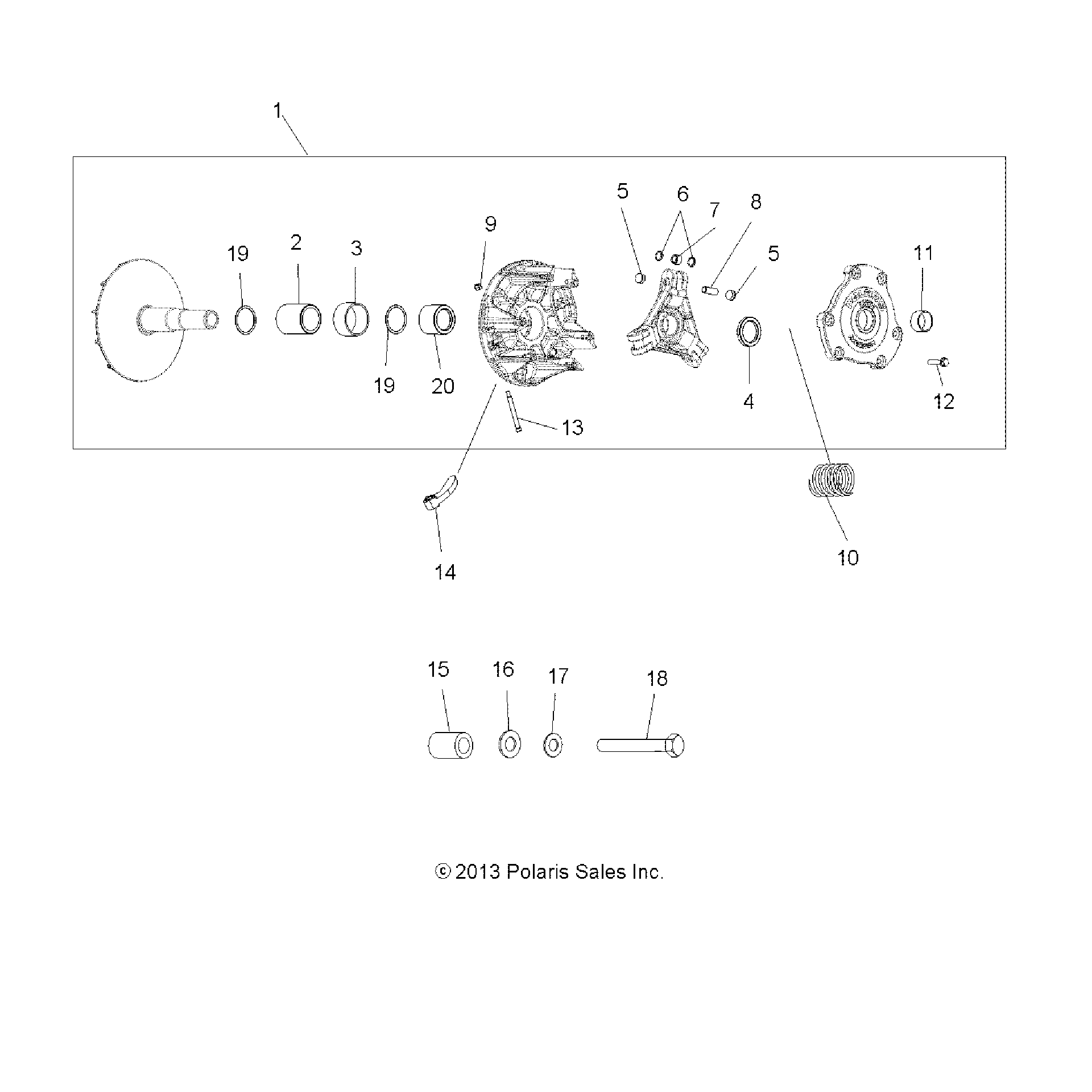 An Image of a Genuine Polaris Parts Schematic Diagram showing the schematic - DRIVE TRAIN: PRIMARY CLUTCH - 2019 POLARIS SPORTSMAN 570 EFI X2 EPS