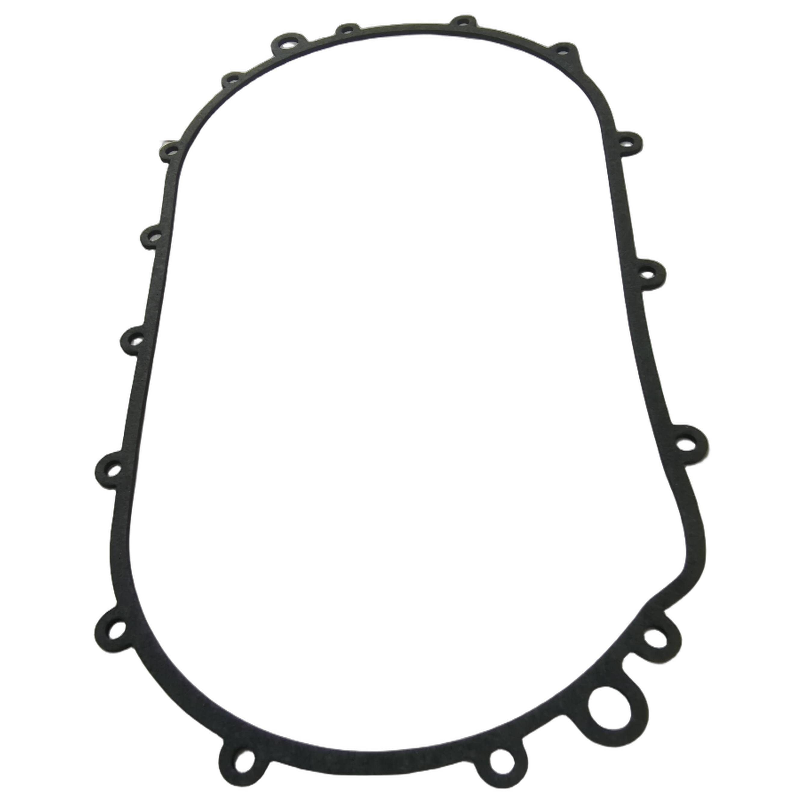Black molded rubber gasket with multiple mounting tabs, designed for V-belt cover dampener.