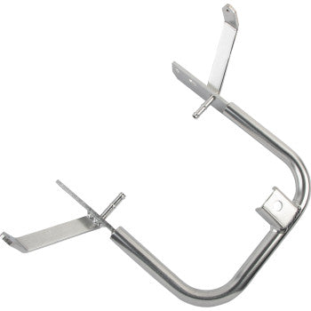The Yamaha Grab Bar by DG Performance is made from lightweight aluminum alloy with a shiny, reflective finish. It features a U-shaped frame and three flat, angled arms ending in bolt-on tabs with mounting holes.