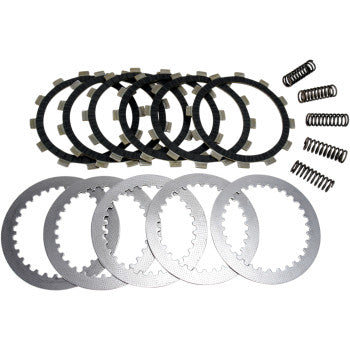 The Clutch Kit by Ebc includes five carbon-fiber clutch plates, five metal gear-edge plates, and four coil springs—built for high-torque engines. All components are displayed on a white background.
