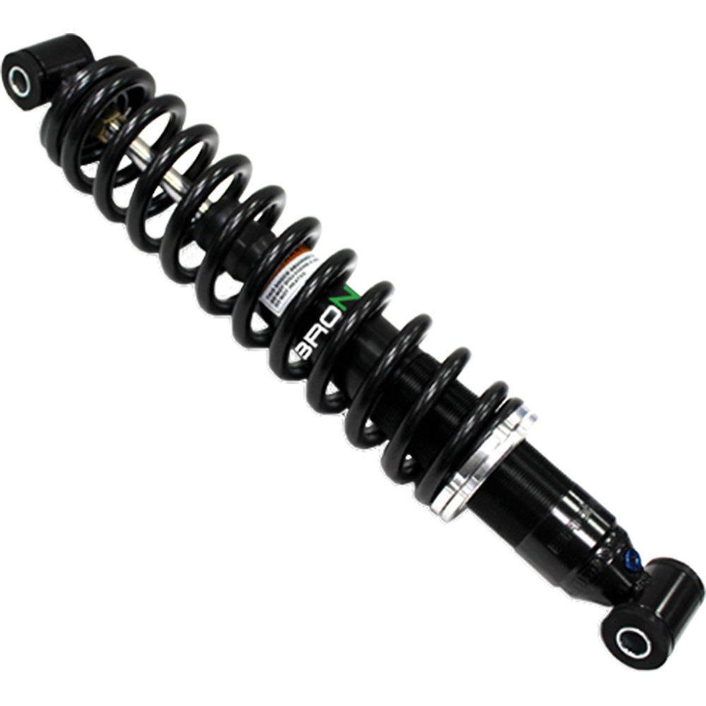 The Yamha Big Bear UTV/ATV Rear Gas Shock by Bronco features a black, tightly wound spring, metal mounting eyes on both ends, and adjustment rings near the base. Shown on a white background. Available at Witchdoctors.com.
