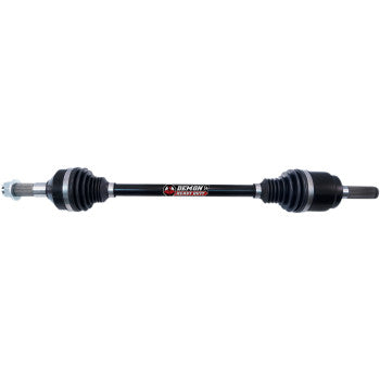 The Honda Pioneer Axle Complete Heavy Duty Front Left by Demon features high articulation CV joints, rubber boots at both ends, and a Demon Powersports logo in the center, shown isolated on a white background.