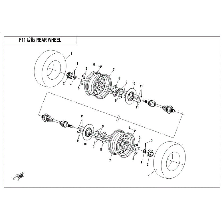 An Image of a Genuine CFMOTO Parts Schematic Diagram showing the schematic - REAR WHEEL - 2018 CFMOTO ZFORCE 800 EX