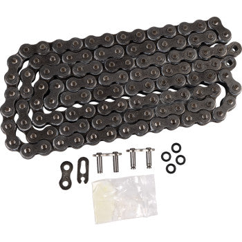 The 520 X1R Heavy Duty Drive Chain 114 Links by JT Chains is displayed on a white surface, along with connector links, pins, O-rings, and a small plastic packet.