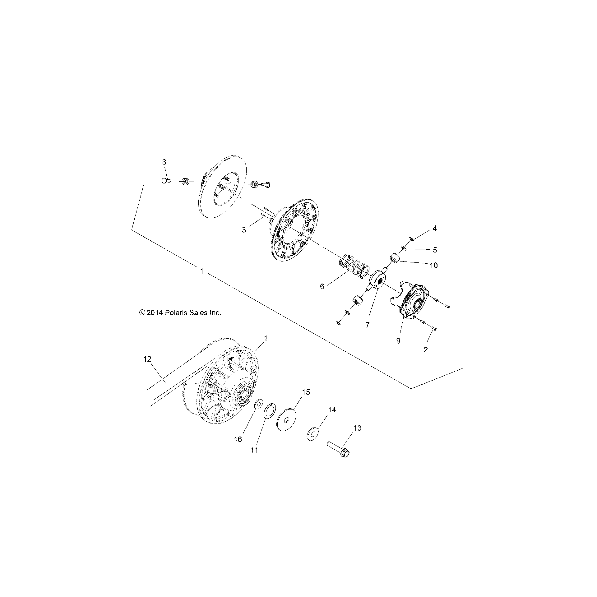 An Image of a Genuine Polaris Parts Schematic Diagram showing the schematic - DRIVE TRAIN: SECONDARY CLUTCH - 2016 POLARIS SCRAMBLER 850