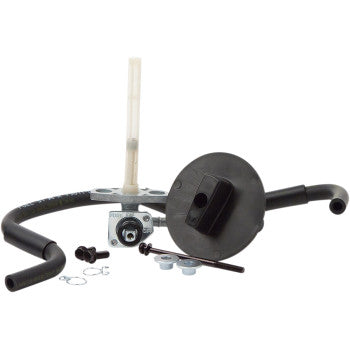 The Honda Petcock Fuel Kit by All Balls includes a fuel valve, fuel line with hoses, round black cap, mounting screws, clamps, and a white filter tube—displayed on a white background.