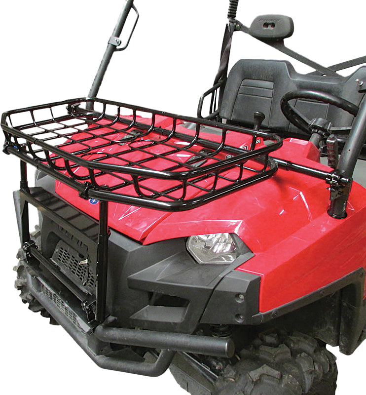 The Polaris Ranger Hood Rack by Seizmik is a black metal cargo rack with a grid design for heavy-duty steel storage, mounted on the front hood above the headlights and bumper of your ATV.