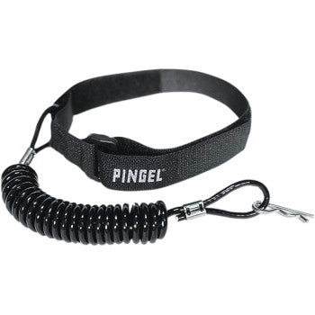 The Kill Switch Tether by Pingel is a black coiled lanyard with metal clip and key, attached to an adjustable black wrist strap labeled PINGEL. Made in the USA.