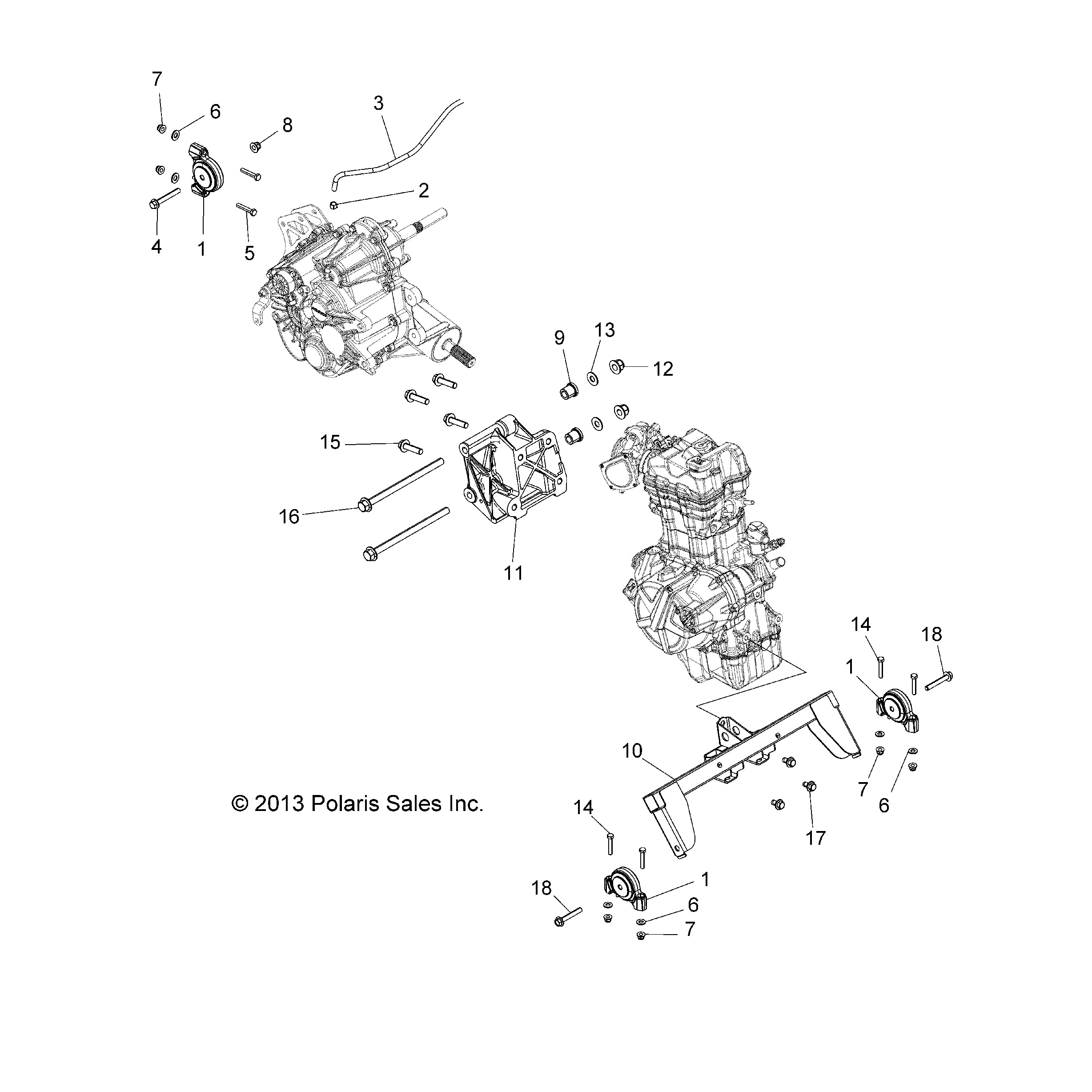 An Image of a Genuine Polaris Parts Schematic Diagram showing the schematic - ENGINE: TRANSMISSION MOUNTING & LONG BLOCK - 2015 POLARIS SPORTSMAN ACE 325 EFI