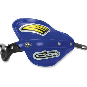 The Probend™ Alloy Bar Pack Blue by Cycra features a blue handguard with yellow and black graphics, the Cycra logo, and durable Probend bars on a black metal bracket—ideal for riders wanting premium enduro protection.