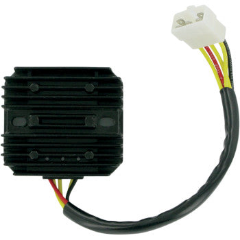 Black rectangular heat sink regulator with vertical fins and attached black cable ending in white electrical connector.
