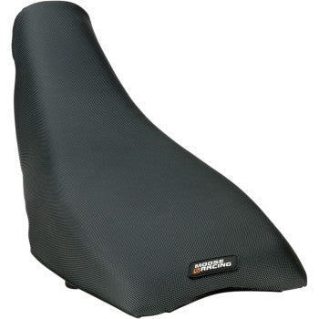 The Yamaha Gripper Seat Cover by Moose Offroad features durable black Diamond gripper material for enhanced traction, a small rectangular Moose Racing logo patch, and a tall contoured design ideal for off-road riding.