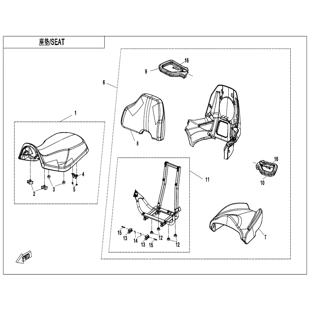 An Image of a genuine CFMOTO Parts Schematic Diagram showing the group - SEAT (BLACK & GRAY) - 2022 CFMOTO CFORCE 800 XC