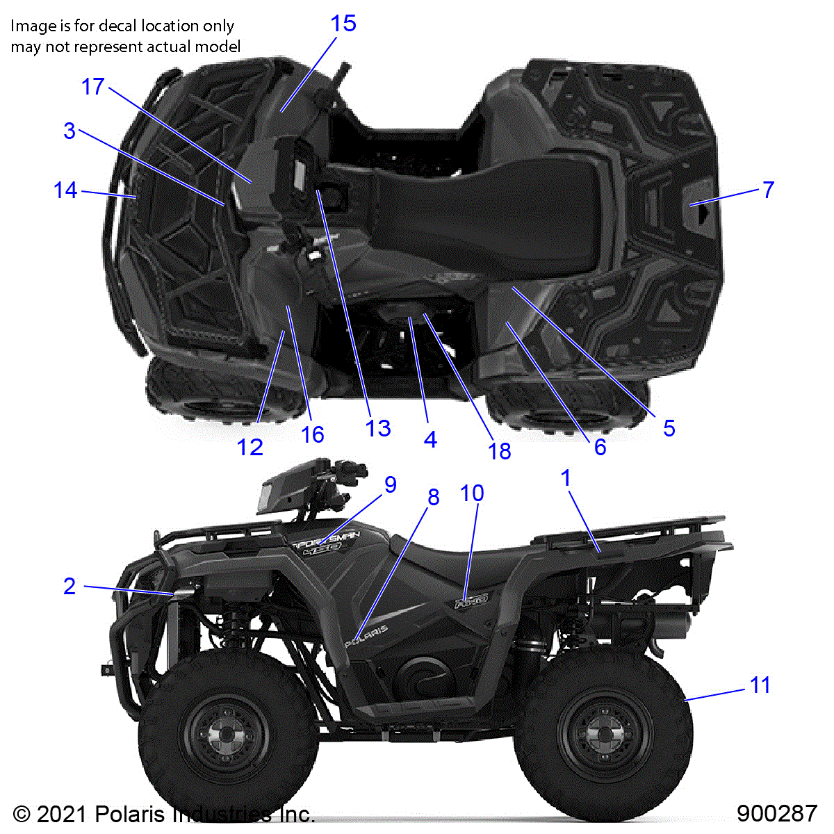 An Image of a Genuine Polaris Parts Schematic Diagram showing the schematic - BODY: DECALS - 2021 POLARIS SPORTSMAN 570 UTILITY LE