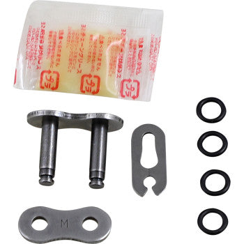 The 525 Max O Connecting Link Clip by RK includes a connecting link, replacement plate, clip, four O-rings, two pins, and a small grease packet with Japanese text.