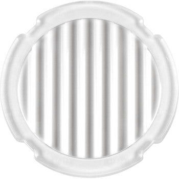The Lens Clear Flood Light by Heretic is a round, white plastic lens with a ridged transparent center for optimal light transmission and four evenly spaced notches along the edge, perfect as a replacement cover.