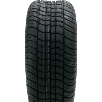 A close-up of the Kenda Tire 205/65-10-6 Ply, a black tubeless nylon tire with detailed tread, photographed from the front against a white background—ideal for shoppers seeking quality trailer tires.