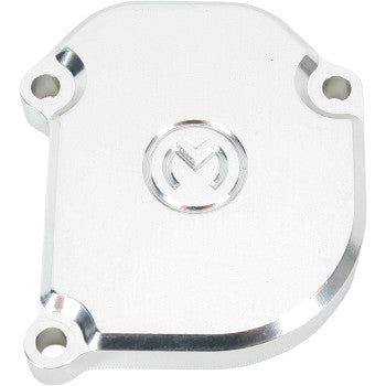 The Throttle Cover Polished by Moose Offroad is a silver CNC-machined billet aluminum cover with three screw holes and a circular Moose Racing logo engraved at the center.