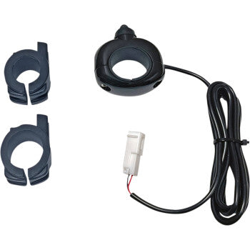 The On / Off Switch - Universal - Black by Custom Dynamics features a cord, connector, and two interchangeable mounting brackets, making it ideal for attaching to motorcycle handlebars or tubing to control auxiliary driving lights.