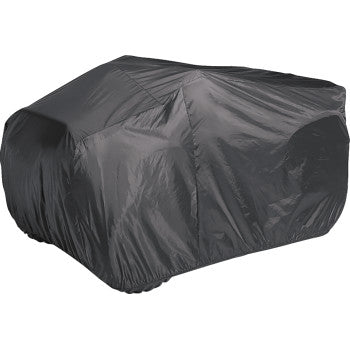 The ATV Sport Cover Black by Dowco is a water-resistant, smooth, and slightly reflective protective cover that fits securely over an ATV, concealing its shape and details for discreet protection.