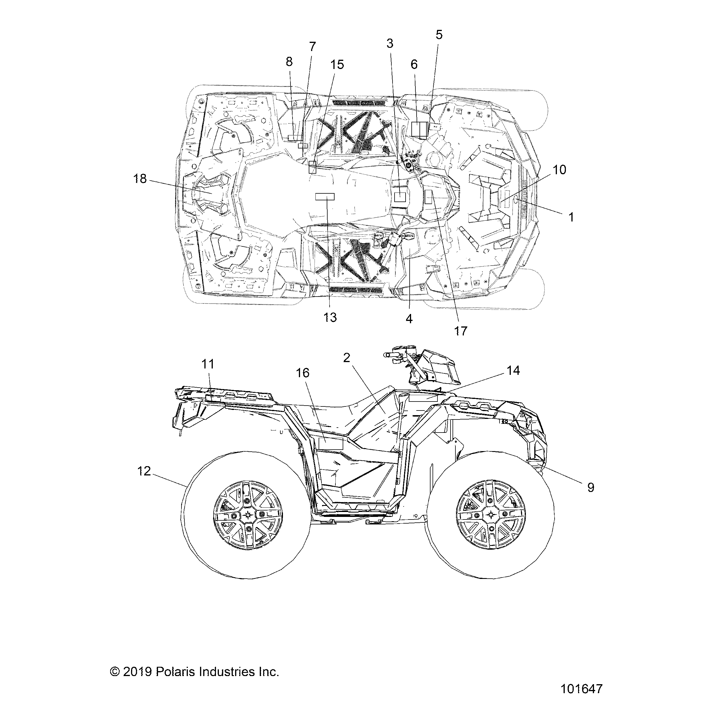 An Image of a Genuine Polaris Parts Schematic Diagram showing the schematic - BODY: DECALS - 2019 POLARIS SPORTSMAN 1000 XP 48