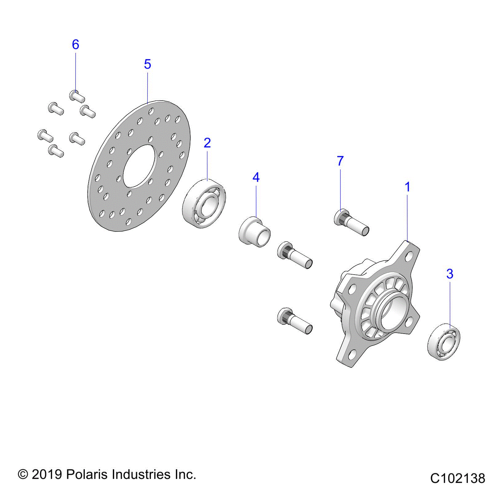 An Image of a Genuine Polaris Parts Schematic Diagram showing the schematic - WHEELS: FRONT HUB AND BRAKE DISK - 2023 POLARIS OUTLAW 70