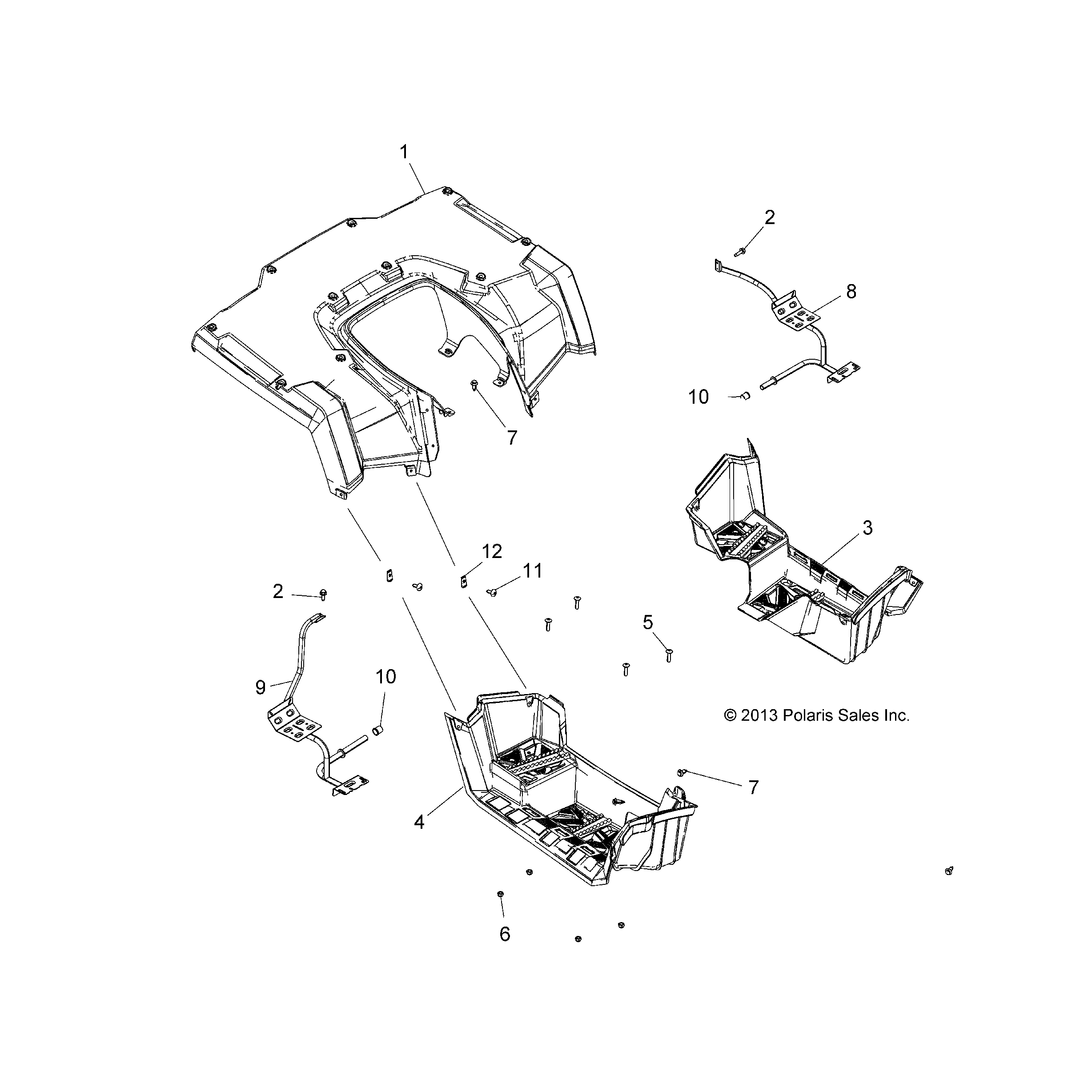 An Image of a Genuine Polaris Parts Schematic Diagram showing the schematic - BODY: REAR CAB and FOOTWELLS - 2018 POLARIS SPORTSMAN TOURING 570 EFI/EPS
