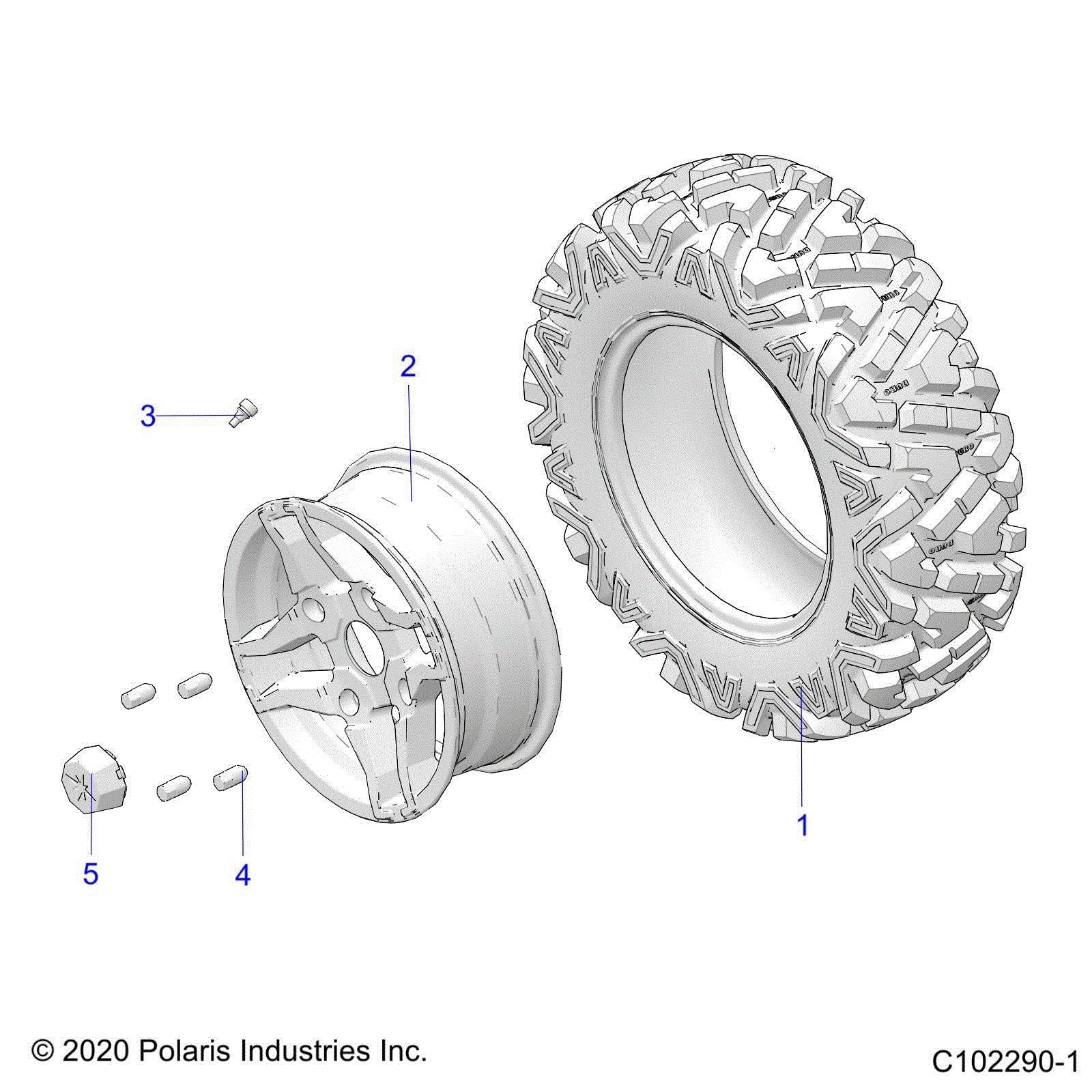 An Image of a Genuine Polaris Parts Schematic Diagram showing the schematic - WHEELS: FRONT TIRE - 2022 POLARIS SPORTSMAN 570 SP TRAIL RIDE COMMAND