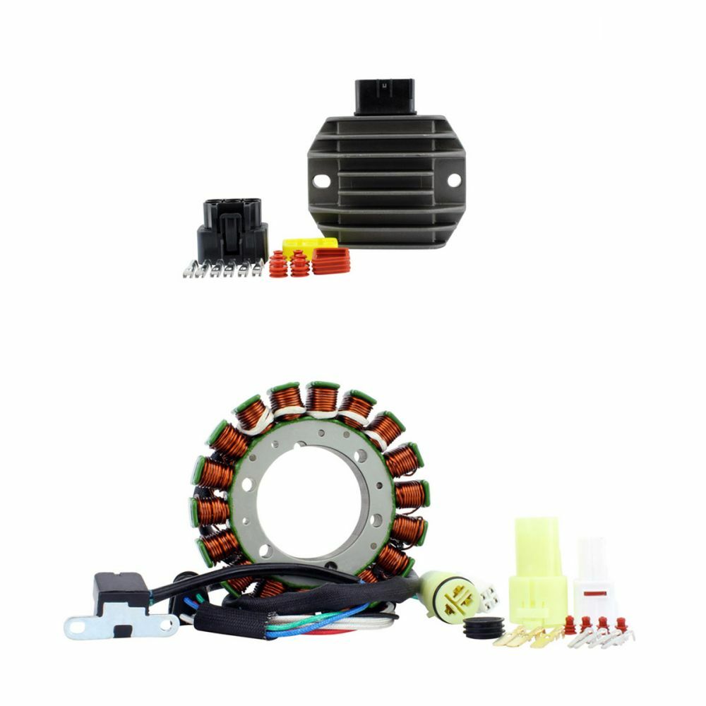 Round copper coil stator with attached wiring harness, black rectangular regulator with cooling fins, and small electrical.